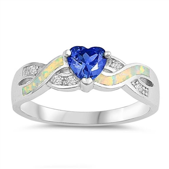 CHOOSE YOUR COLOR Blue Simulated Sapphire White Simulated Opal Heart Infinity Sterling Silver Ring CZ Female Size 8