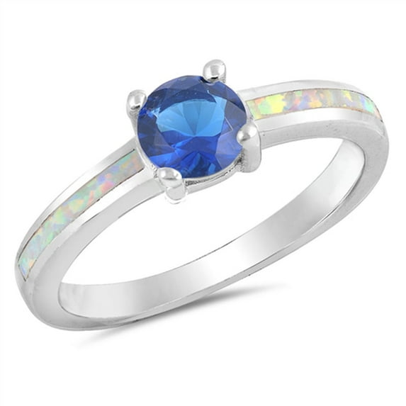CHOOSE YOUR COLOR Blue Simulated Sapphire White Simulated Opal Ring .925 Sterling Silver Band CZ Female Size 6