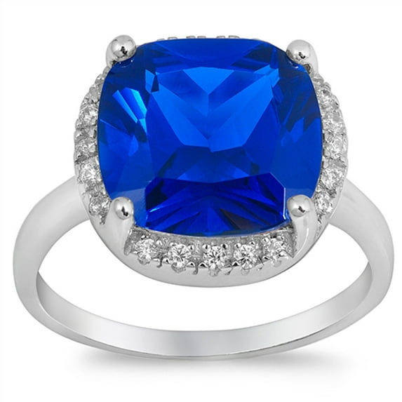 CHOOSE YOUR COLOR Blue Simulated Sapphire Wide Halo Wedding Ring .925 Sterling Silver Band CZ Female Size 6