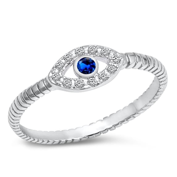 CHOOSE YOUR COLOR Boho Evil Eye Blue Simulated Sapphire Ring .925 Sterling Silver CZ Female Size 7
