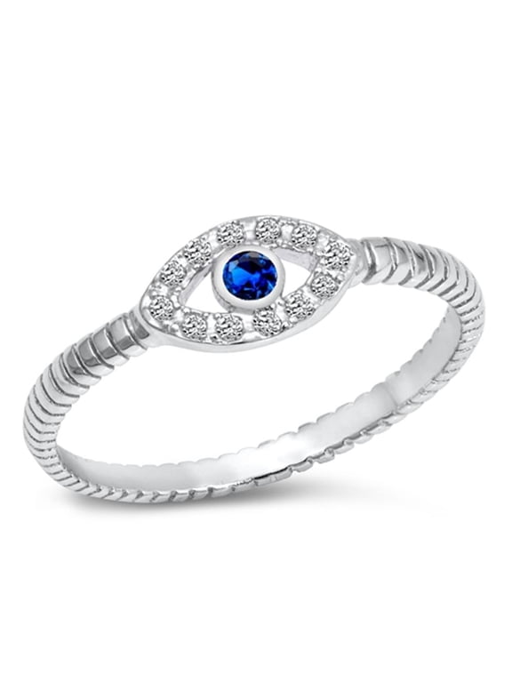 CHOOSE YOUR COLOR Boho Evil Eye Blue Simulated Sapphire Ring .925 Sterling Silver CZ Female Size 7