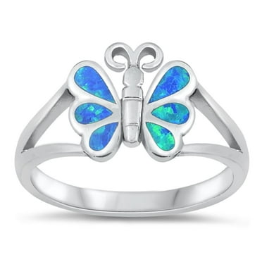 CHOOSE YOUR COLOR Butterfly Blue Simulated Opal Promise Ring .925 Sterling Silver Band CZ Female Size 9