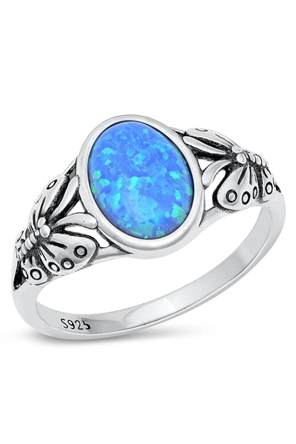 CHOOSE YOUR COLOR Butterfly Blue Simulated Opal Ring .925 Sterling Silver Band CZ Female Size 7
