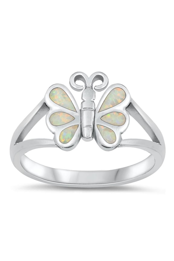 CHOOSE YOUR COLOR Butterfly White Simulated Opal Ring .925 Sterling Silver Band CZ Female Size 8