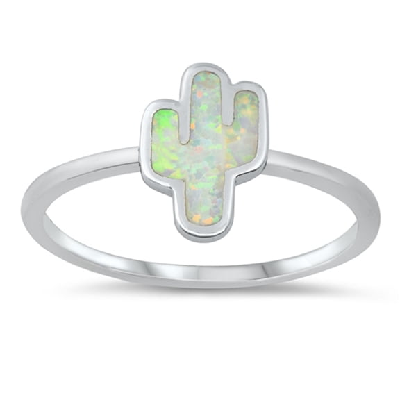 CHOOSE YOUR COLOR Cactus Ring White Simulated Opal Promise .925 Sterling Silver Band CZ Female Size 7