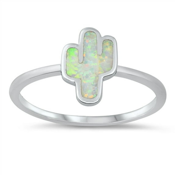 CHOOSE YOUR COLOR Cactus Ring White Simulated Opal Promise .925 Sterling Silver Band CZ Female Size 8