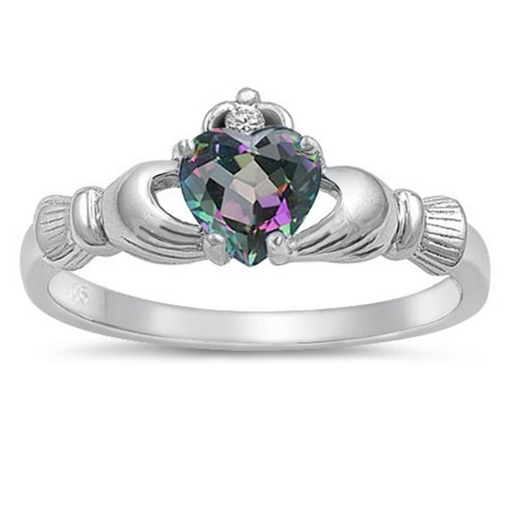 CHOOSE YOUR COLOR Celtic Claddagh Heart Multi-color CZ Ring .925 Sterling Silver Band Black Female Size 13