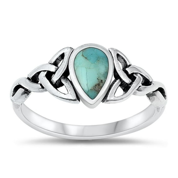 CHOOSE YOUR COLOR Celtic Knot Pear Simulated Turquoise Ring .925 Sterling Silver Band Blue CZ Female Size 6