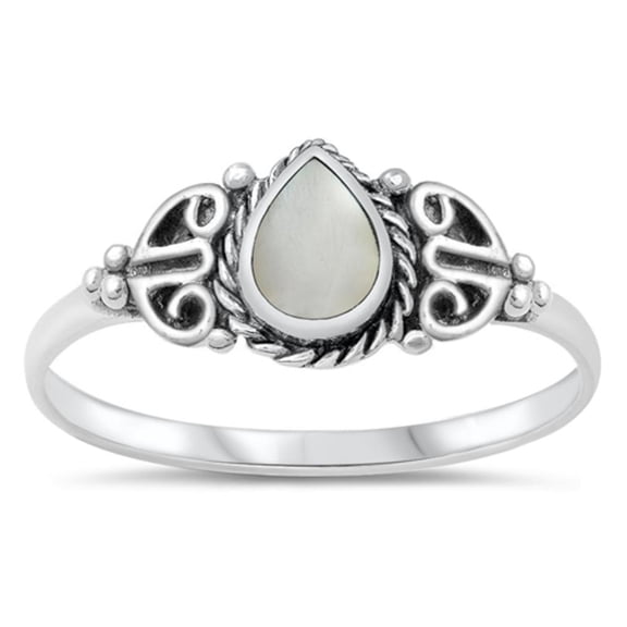 CHOOSE YOUR COLOR Celtic Pear Simulated Mother of Pearl Ring .925 Sterling Silver Band Female Size 7