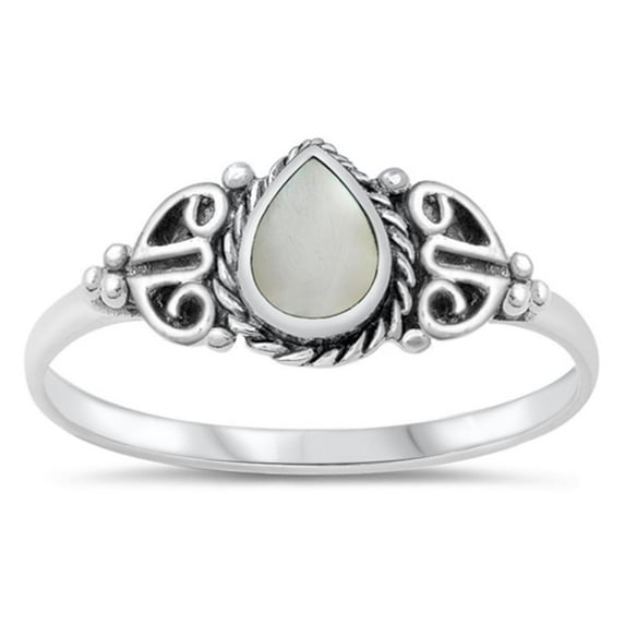 CHOOSE YOUR COLOR Celtic Pear Simulated Mother of Pearl Ring .925 Sterling Silver Band Female Size 8