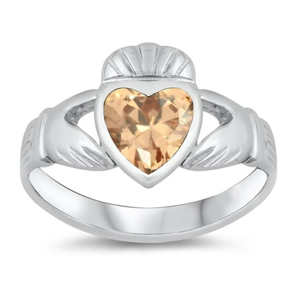 CHOOSE YOUR COLOR Champagne CZ Claddagh Heart Promise Ring 925 Sterling Silver Band Orange Female Size 9