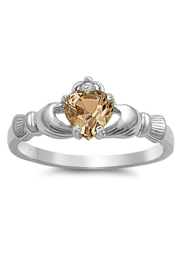 CHOOSE YOUR COLOR Champagne CZ Claddagh Promise Friendship Ring Sterling Silver Band Orange Female Size 12