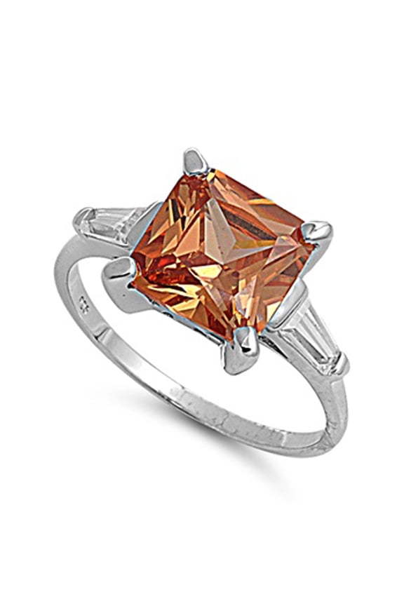 CHOOSE YOUR COLOR Champagne CZ Elegant Solitaire Chic Ring 925 Sterling Silver Band Orange Female Size 7