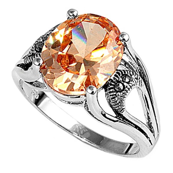 CHOOSE YOUR COLOR Champagne CZ Oval Solitaire Cutout Ring .925 Sterling Silver Band Orange Female Size 9