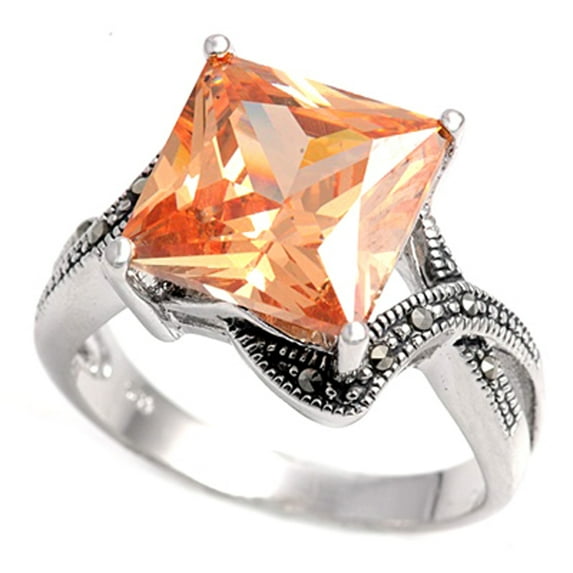 CHOOSE YOUR COLOR Champagne CZ Square Solitaire Criss Cross Ring Sterling Silver Band Orange Female Size 7