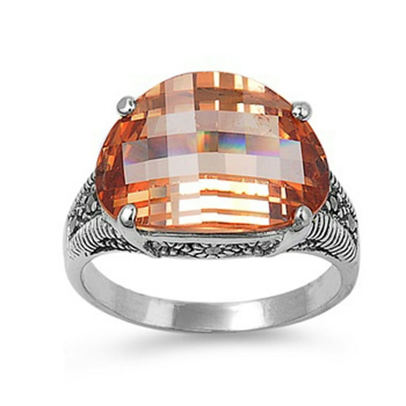 CHOOSE YOUR COLOR Champagne Cubic Zirconia Floral Ring 925 Sterling Silver Band Orange Female Size 6