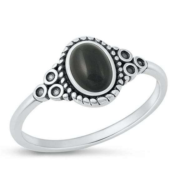 CHOOSE YOUR COLOR Chic Black Simulated Agate Ring .925 Sterling Silver Oval Bali Band CZ Female Size 7