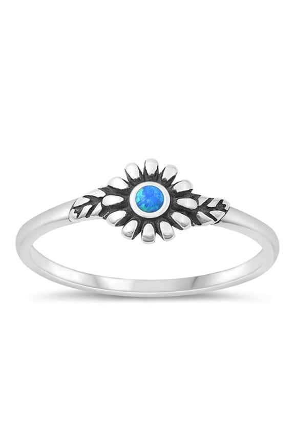 CHOOSE YOUR COLOR Chic Blue Simulated Opal Flower Daisy Ring .925 Sterling Silver Band CZ Female Size 7