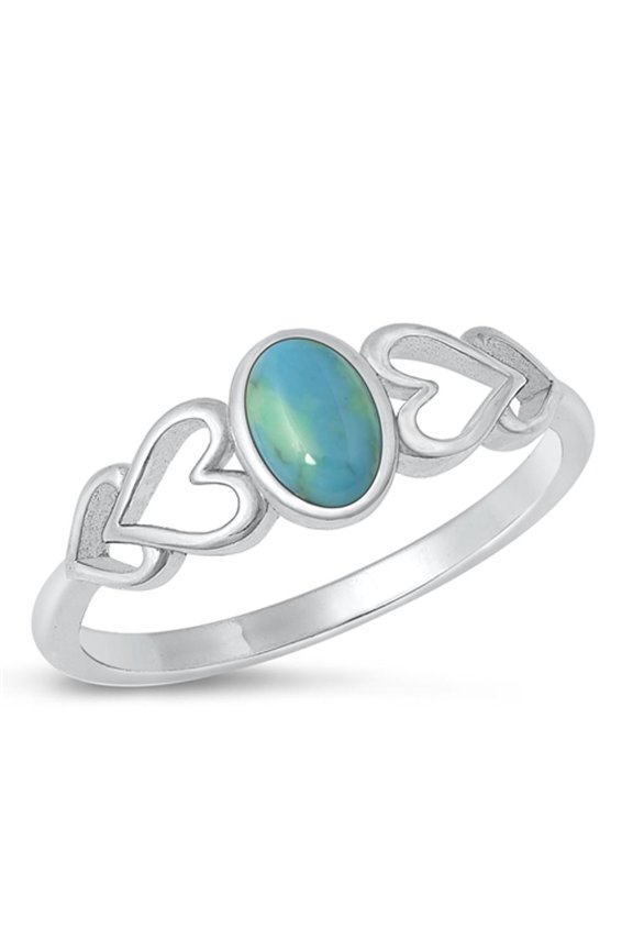 CHOOSE YOUR COLOR Chic Simulated Turquoise Ring .925 Sterling Silver Hearts Love Band Blue CZ Female Size 6