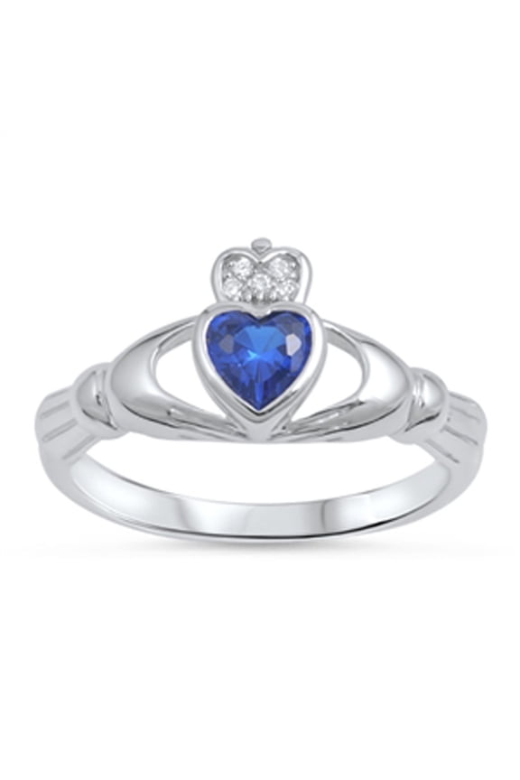 CHOOSE YOUR COLOR Claddagh Blue Simulated Sapphire Heart Friendship Ring .925 Sterling Silver CZ Female Size 10