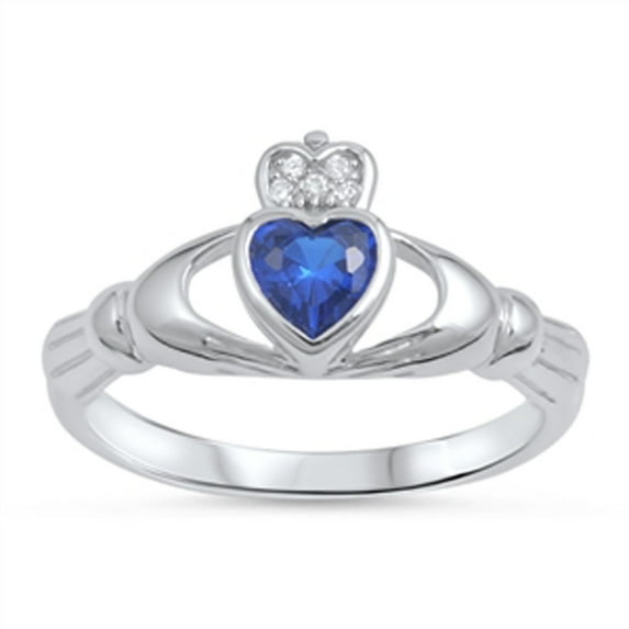 CHOOSE YOUR COLOR Claddagh Blue Simulated Sapphire Heart Friendship Ring .925 Sterling Silver CZ Female Size 10