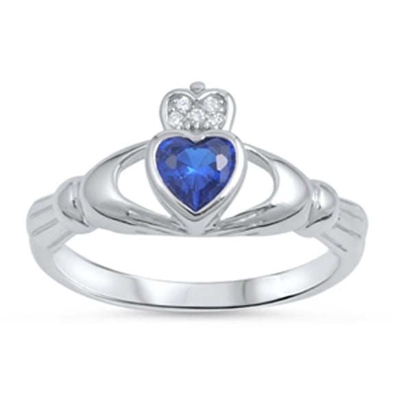 CHOOSE YOUR COLOR Claddagh Blue Simulated Sapphire Heart Friendship Ring .925 Sterling Silver CZ Female Size 6