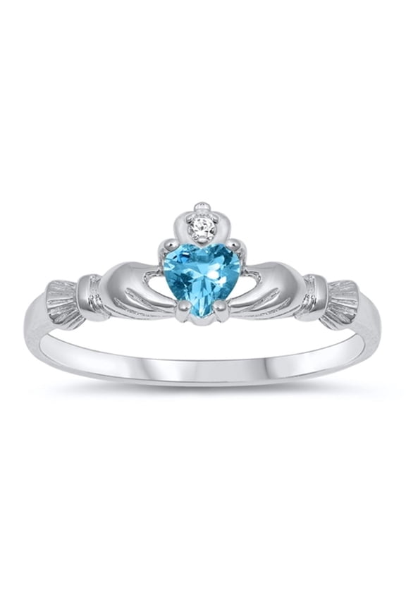 CHOOSE YOUR COLOR Claddagh Friendship Sterling Silver Ring Blue Simulated Topaz Heart CZ Female Size 8