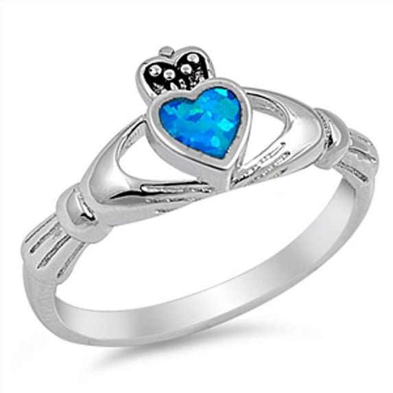 CHOOSE YOUR COLOR Claddagh Heart Blue Simulated Opal Ring .925 Sterling Silver Band CZ Female Size 10