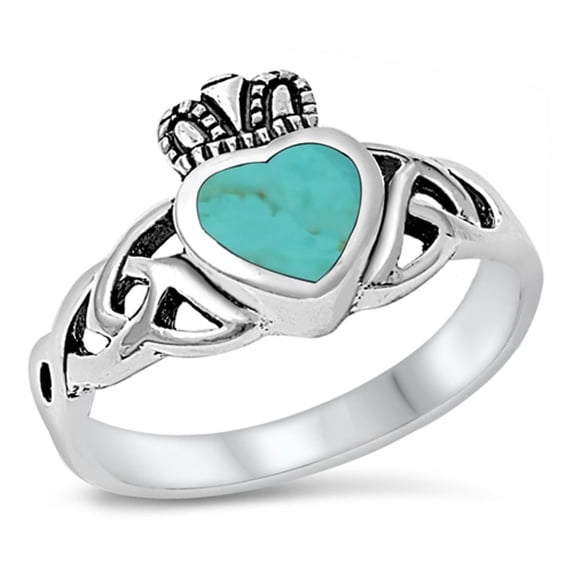 CHOOSE YOUR COLOR Claddagh Heart Celtic Simulated Turquoise Promise Ring .925 Sterling Silver Blue CZ Female Size 5