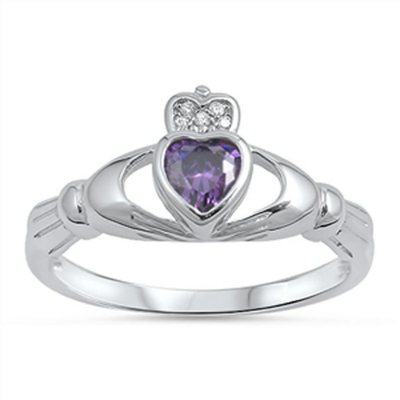 CHOOSE YOUR COLOR Claddagh Heart Simulated Amethyst Promise Ring .925 Sterling Silver Band Purple CZ Female Size 6