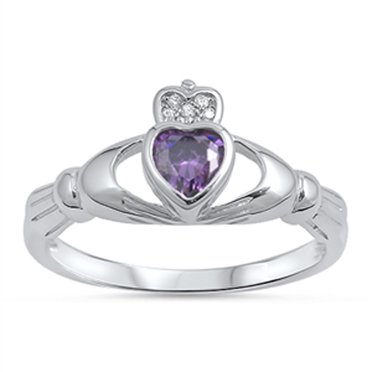 Purple CZ Heart Claddagh Friendship Ring – .925 Sterling Silver Band (Sizes 4-12) By Sac Silver