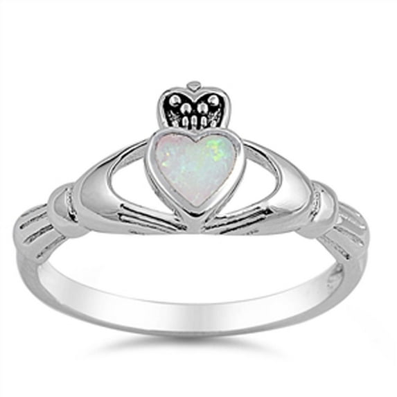 CHOOSE YOUR COLOR Claddagh Heart White Simulated Opal Ring .925 Sterling Silver Band CZ Female Size 7