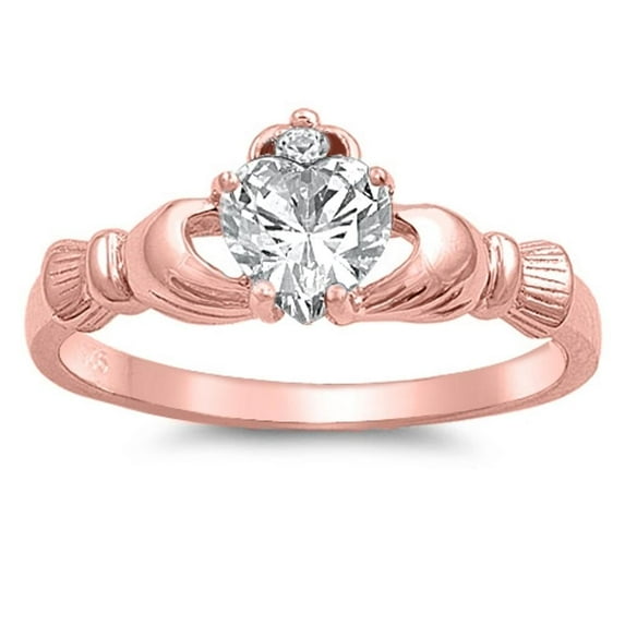 CHOOSE YOUR COLOR Claddagh White CZ Heart Ring .925 Sterling Silver Rose Gold-Tone Band Female Size 5