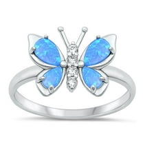CHOOSE YOUR COLOR Clear CZ Blue Simulated Opal Butterly Ring .925 Sterling Silver Band White Female Size 4