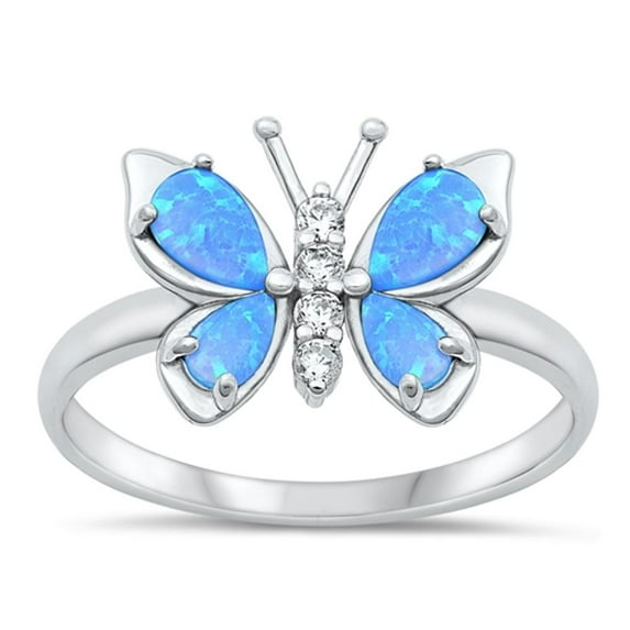 CHOOSE YOUR COLOR Clear CZ Blue Simulated Opal Butterly Ring .925 Sterling Silver Band White Female Size 9