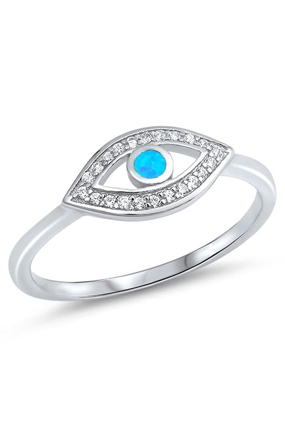 CHOOSE YOUR COLOR Clear CZ Blue Simulated Opal Evil Eye Halo Ring .925 Sterling Silver Band White Female Size 12