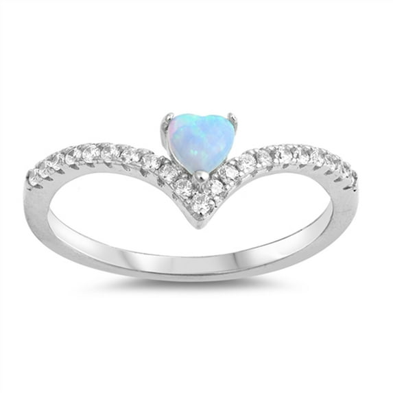 CHOOSE YOUR COLOR Clear CZ Blue Simulated Opal Heart Chevron Ring .925 Sterling Silver Band White Female Size 8