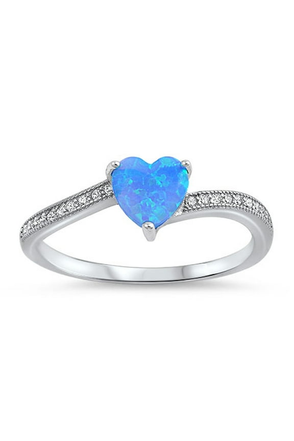 CHOOSE YOUR COLOR Clear CZ Blue Simulated Opal Heart Promise Ring .925 Sterling Silver Band White Female Size 10