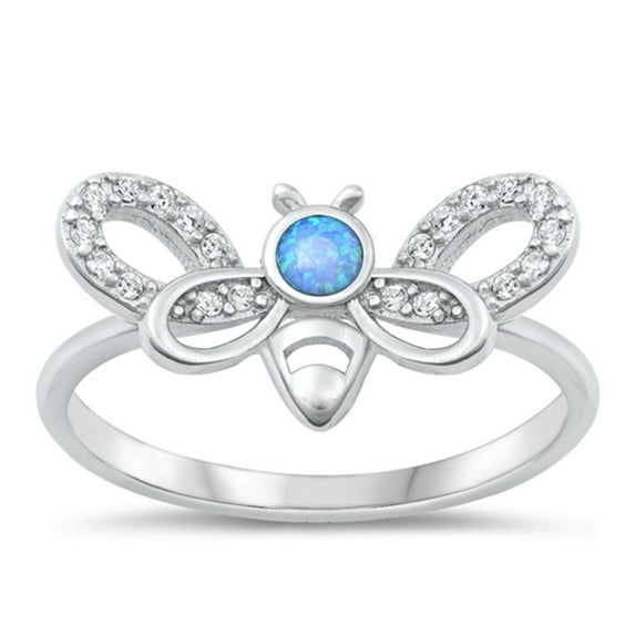 CHOOSE YOUR COLOR Clear CZ Blue Simulated Opal Honey Bee Ring .925 Sterling Silver Band White Female Size 9