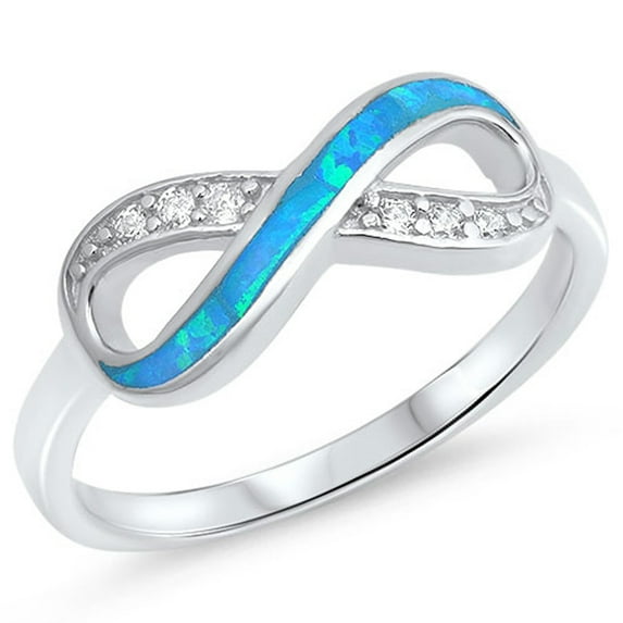 CHOOSE YOUR COLOR Clear CZ Blue Simulated Opal Infinity Knot Ring .925 Sterling Silver Band White Female Size 5