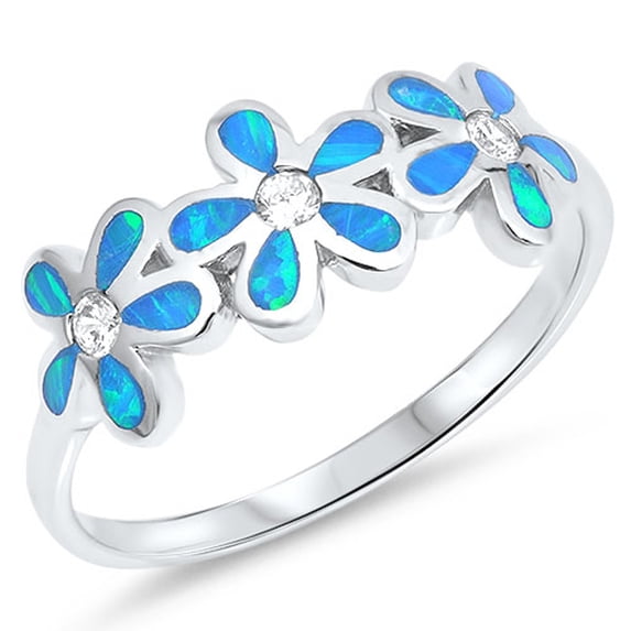 CHOOSE YOUR COLOR Clear CZ Blue Simulated Opal Plumeria Flower Ring .925 Sterling Silver Band White Female Size 4