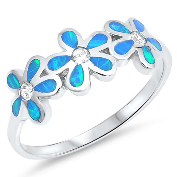 CHOOSE YOUR COLOR Clear CZ Blue Simulated Opal Plumeria Flower Ring .925 Sterling Silver Band White Female Size 8