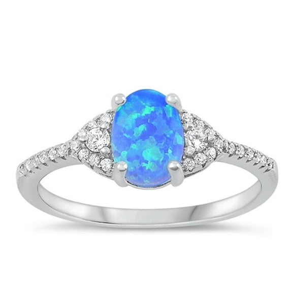 CHOOSE YOUR COLOR Clear CZ Blue Simulated Opal Ring .925 Sterling Silver Band White Female Size 9