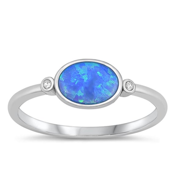 CHOOSE YOUR COLOR Clear CZ Blue Simulated Opal Ring .925 Sterling Silver Vogue Band White Female Size 8