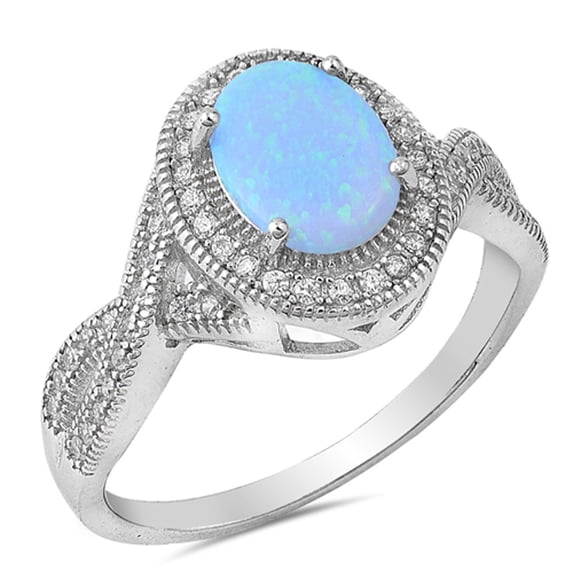 CHOOSE YOUR COLOR Clear CZ Blue Simulated Opal Vintage Oval Ring .925 Sterling Silver Band White Female Size 9