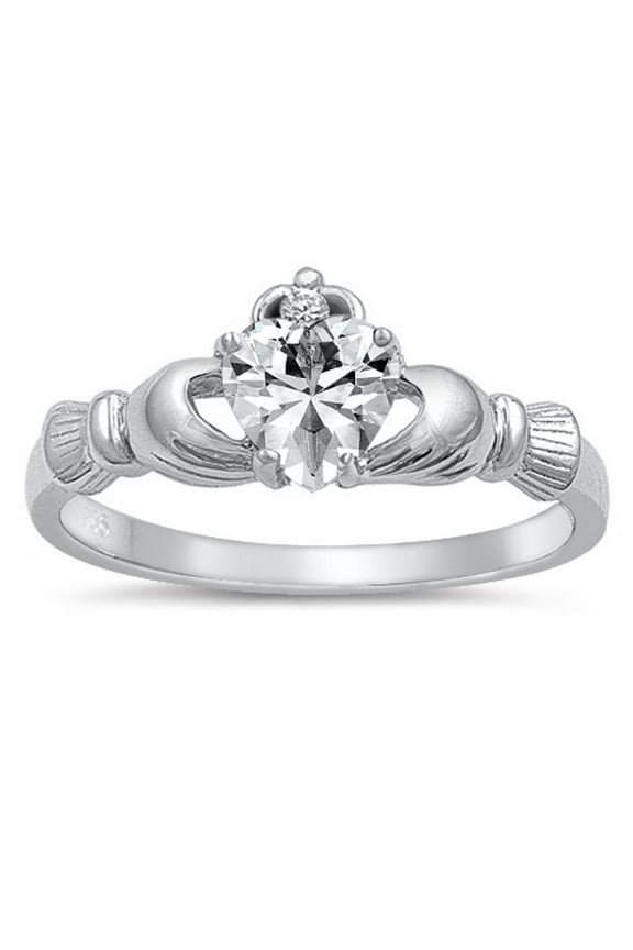 CHOOSE YOUR COLOR Clear CZ Claddagh Promise Heart Ring .925 Sterling Silver Band White Female Size 13
