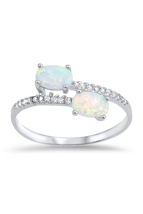 CHOOSE YOUR COLOR Clear CZ Double White Simulated Opal Oval Ring 925 Sterling Silver Band Female Size 5
