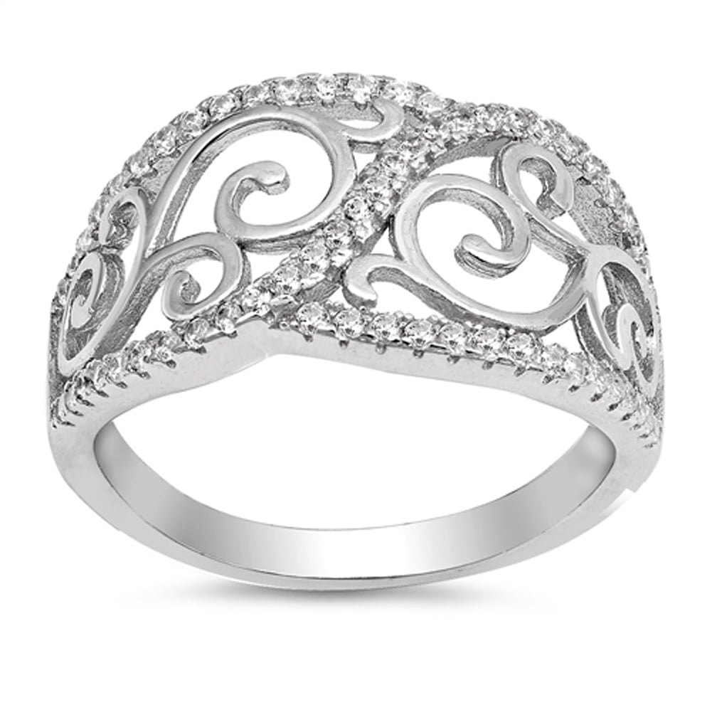Sterling Silver Knot Link Ring With White CZ – .925 Silver Band, Sizes 5-9, Fashion Jewelry For Women