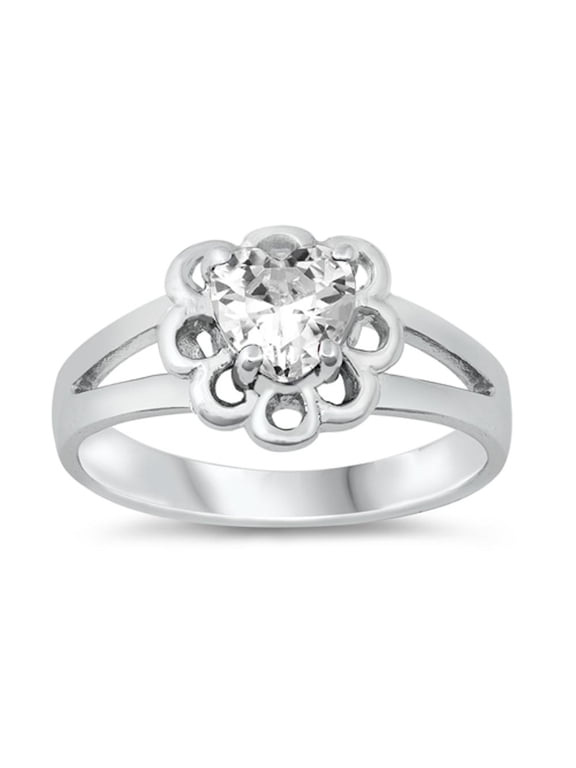 CHOOSE YOUR COLOR Clear CZ Heart Love Flower Cutout Ring .925 Sterling Silver Band White Female Size 3
