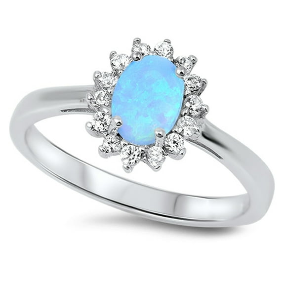 CHOOSE YOUR COLOR Clear CZ Oval Blue Simulated Opal Halo Ring .925 Sterling Silver Band White Female Size 6